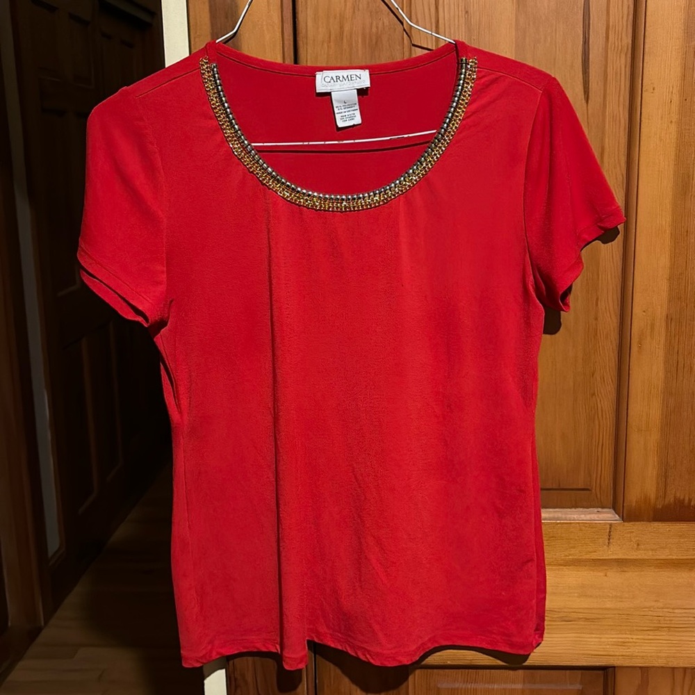 Carmen Marc Valvo Holiday Red Short Sleeve Blouse Christmas SzL